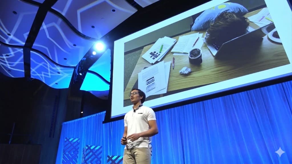 A founder presenting on stage; the screen shows research materials illustrating the challenge of literature review.