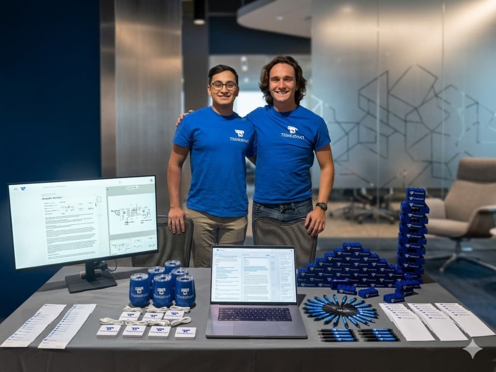 Thinkstruct co-founders at a conference booth with product demos and branded materials.